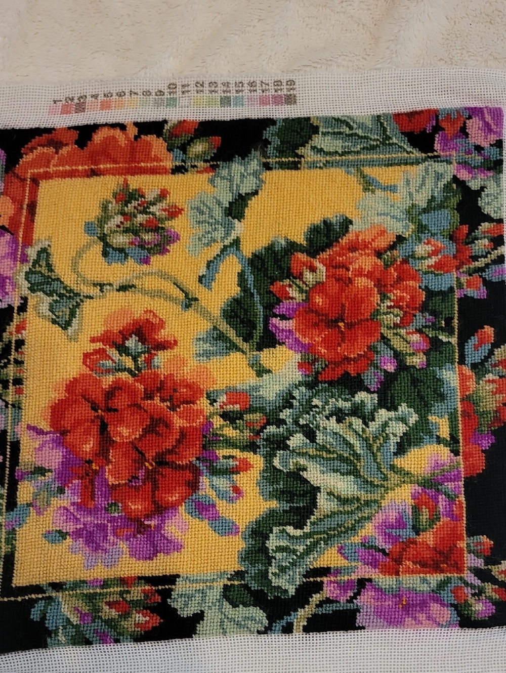 Handcrafted Floral Needlepoint Accent Pillow Cover in Yellow and Red